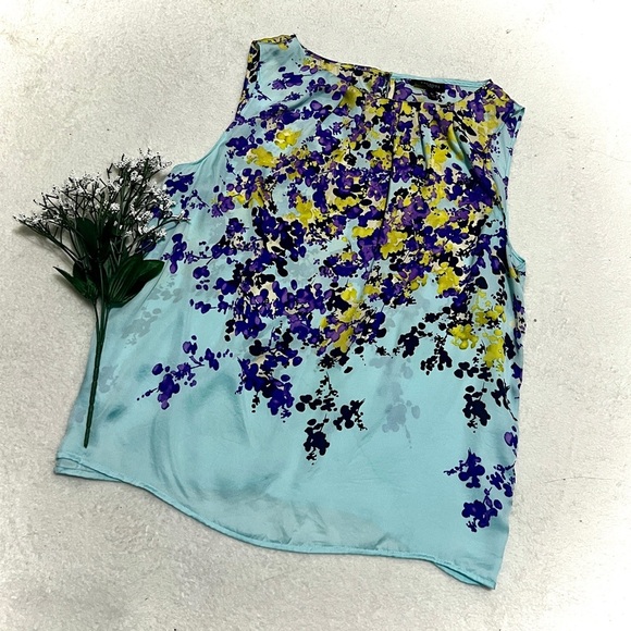Talbots 100% Silk Aqua Floral Tank Top - Size 8P - Picture 1 of 9